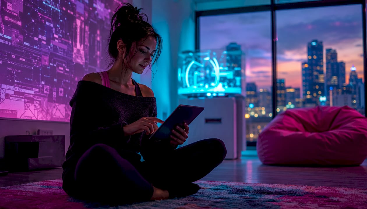 Woman using AI romance chatbot on tablet