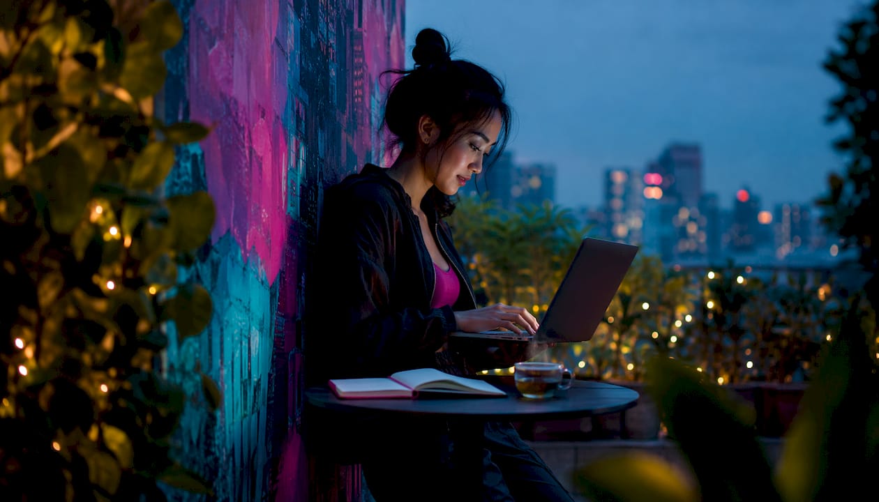 User typing on laptop in home office for AI chatbot