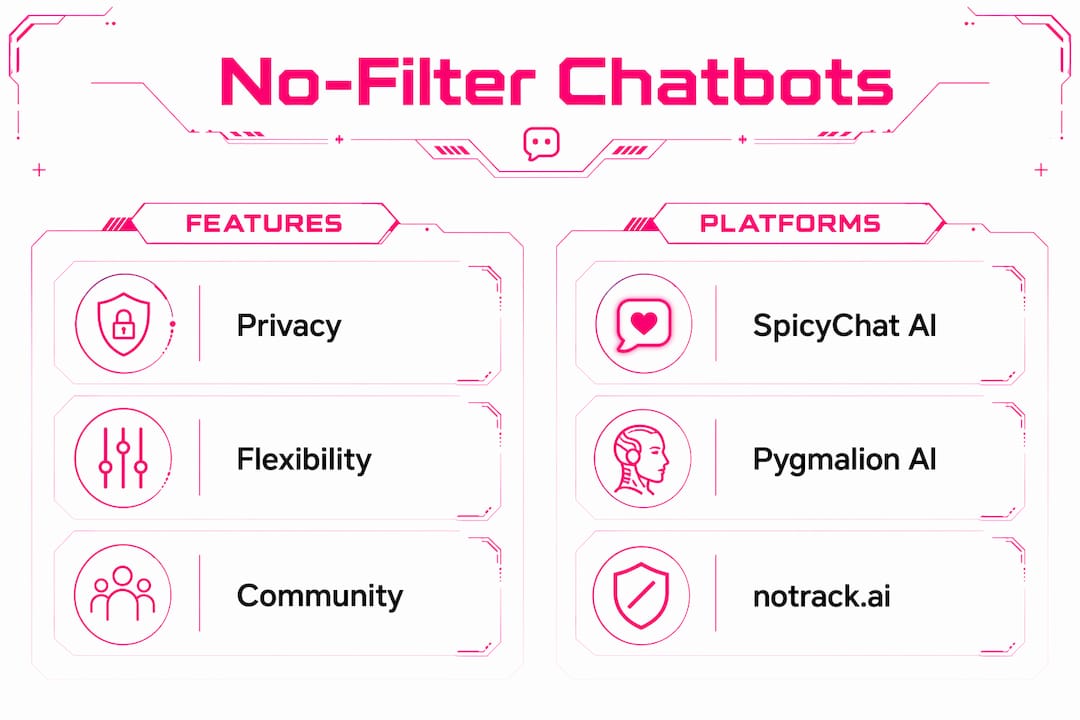 Best No Filter AI Chatbot: Pick, Access, and Use in 2026 Infographic comparing no-filter AI chatbot features and platforms