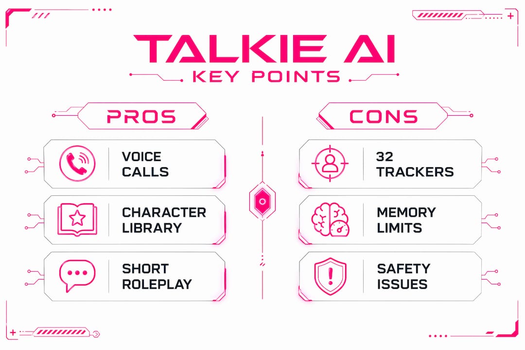 Infographic comparing Talkie AI pros and cons