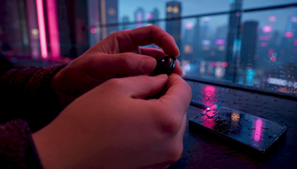 Hands adjusting wireless earbuds in neon-lit room