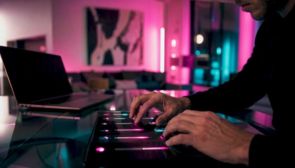 Hands customizing AI girlfriend on neon-lit desk