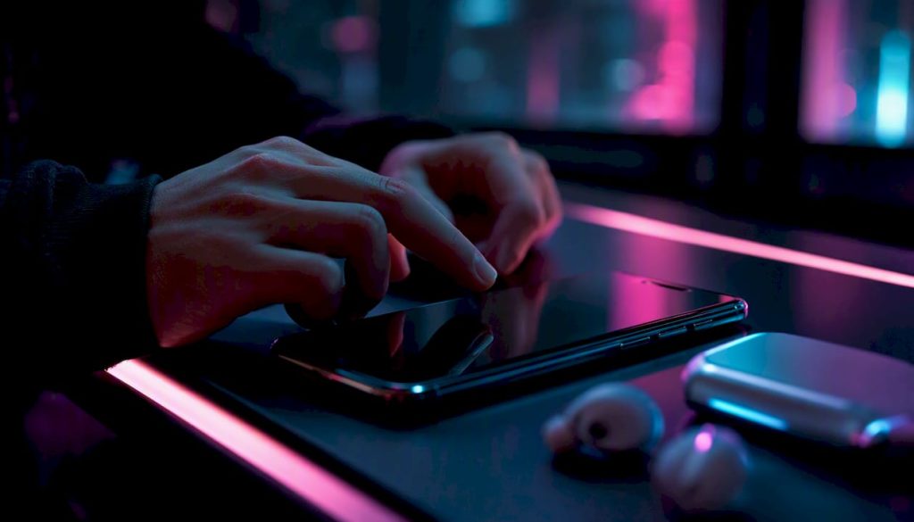 Hands holding dark smartphone in neon-lit room