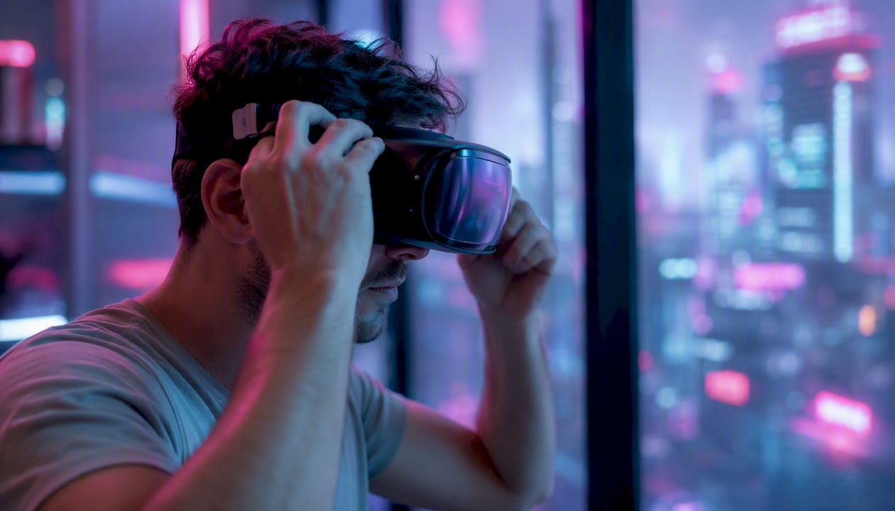 Hands adjusting futuristic earpiece in neon room