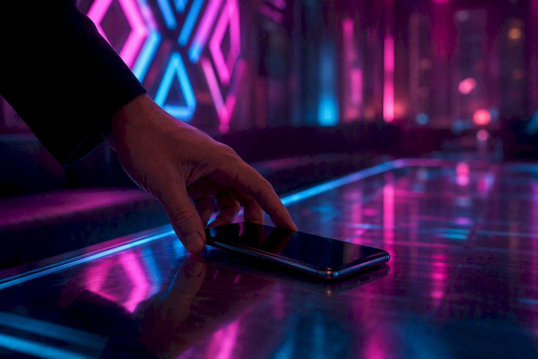 Hand sliding phone over cyberpunk desk