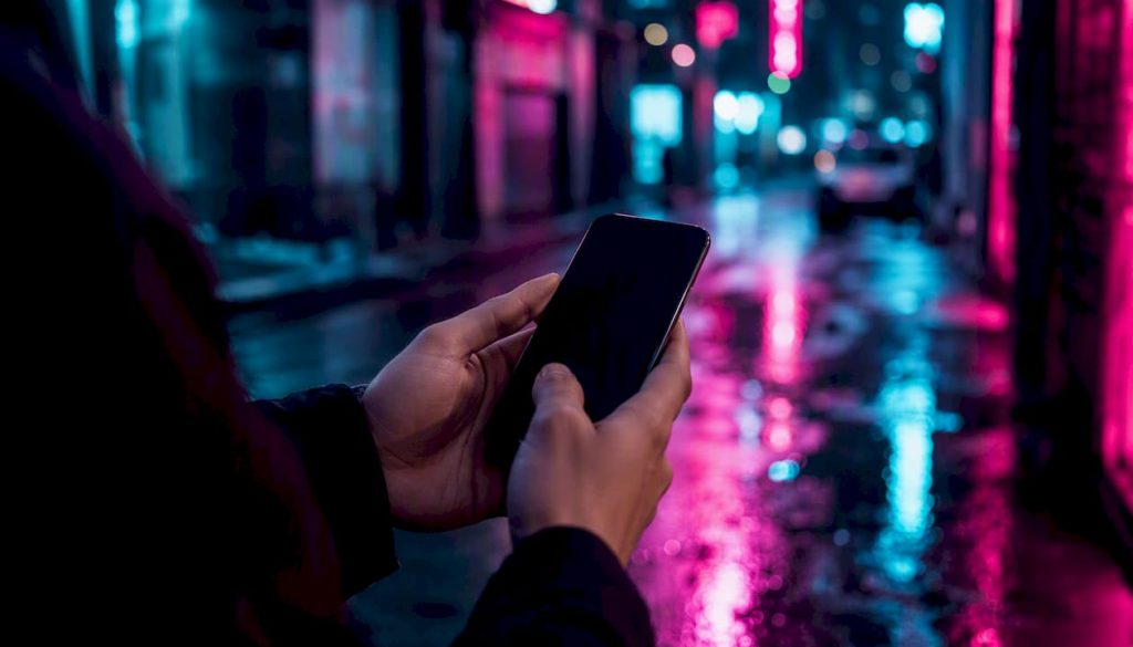 Best Janitor AI Alternatives for Roleplay in 2026 Hands holding smartphone in neon cyberpunk city