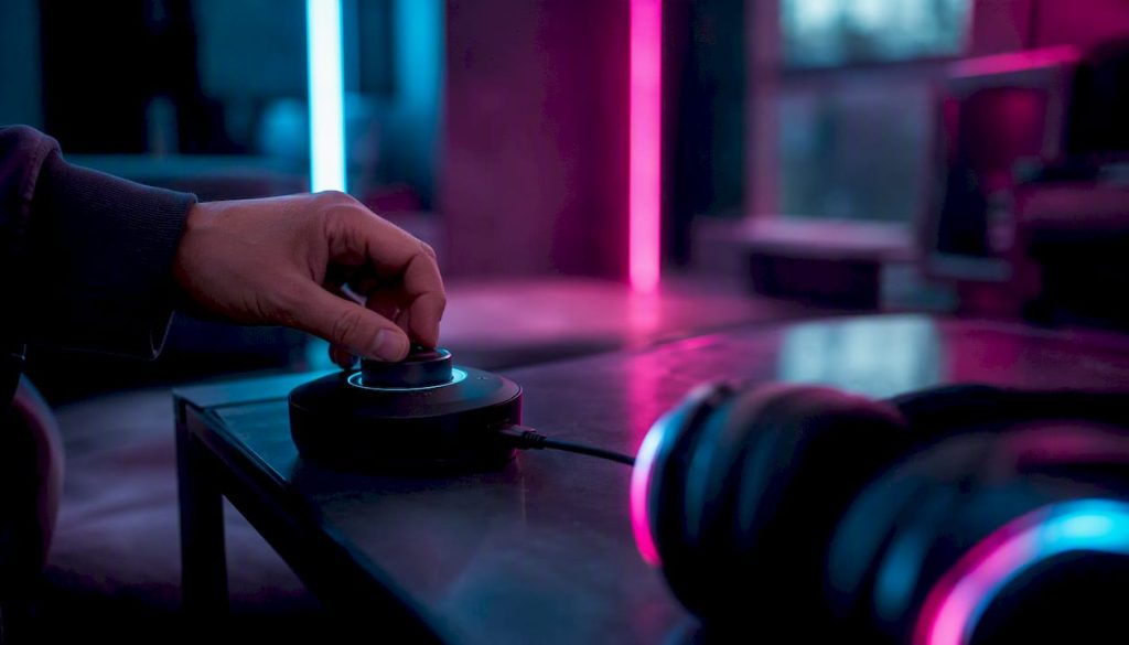 Cyberpunk desk with hand adjusting AI device