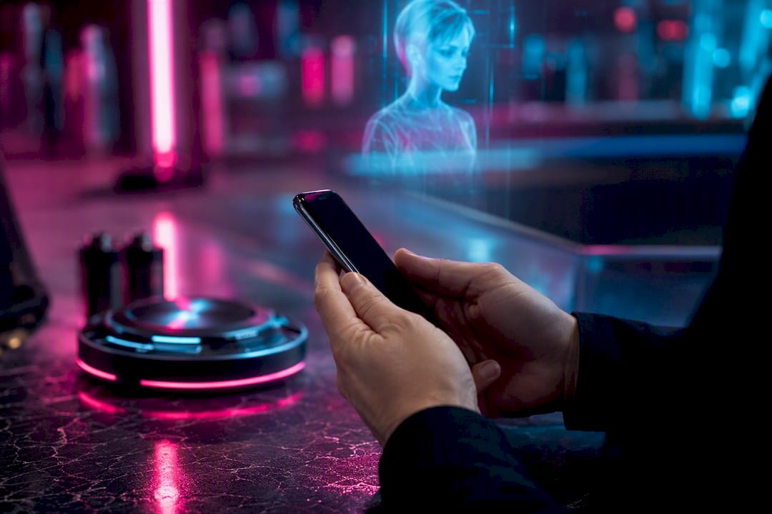 Hands holding phone near neon-lit table