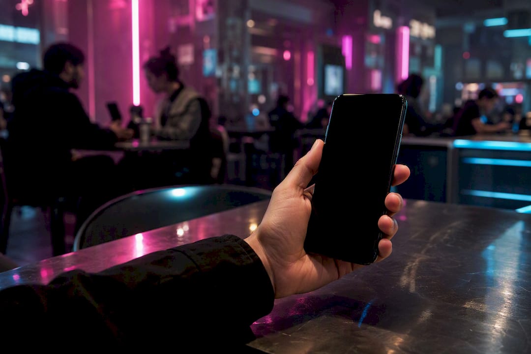 Hand holding smartphone in neon cyberpunk room