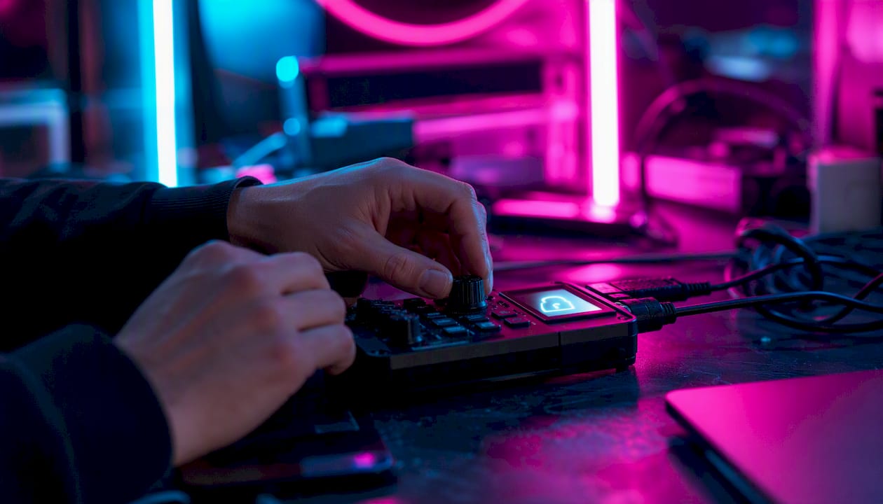 Hands operating encryption device in neon-lit room