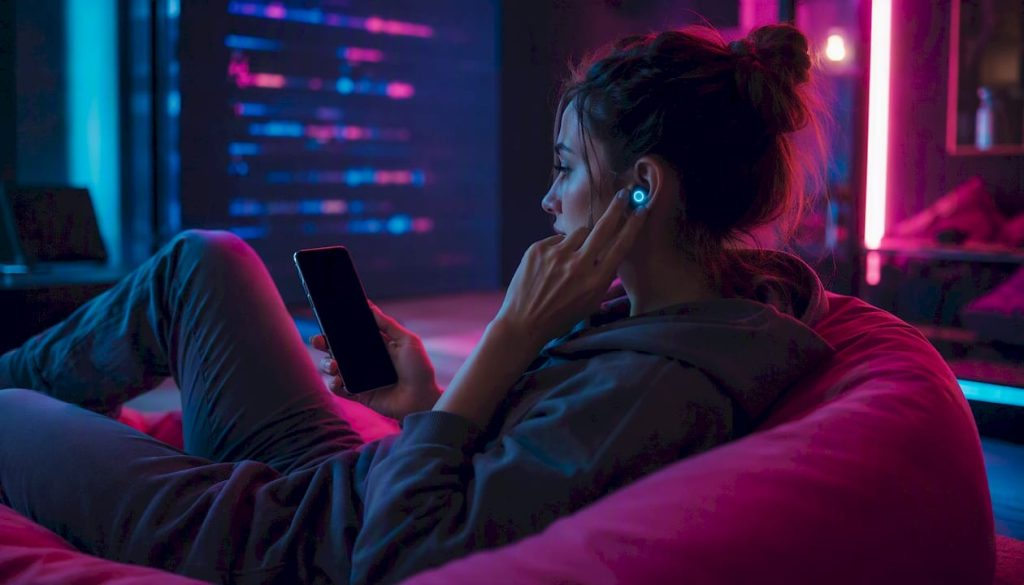 Best AI Chatbots with Memory for Romance: 2026 Shortlist Hands adjusting AI companion earpiece in neon room