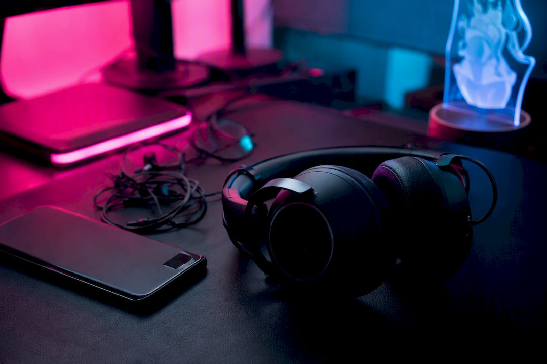 Neon desk with headset and phone