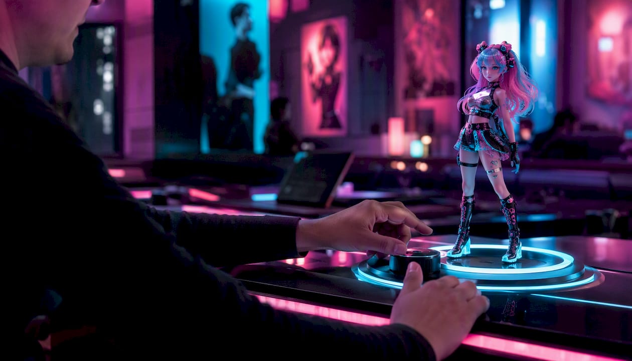 Hands adjusting avatar figurine on neon desk