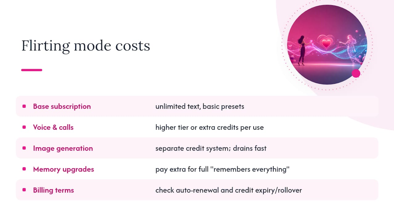 Five Minute Tests to Spot a Real Flirting Mode in AI Girlfriend Apps What Does Flirting Mode Actually Cost, Including the Extras? — overview diagram