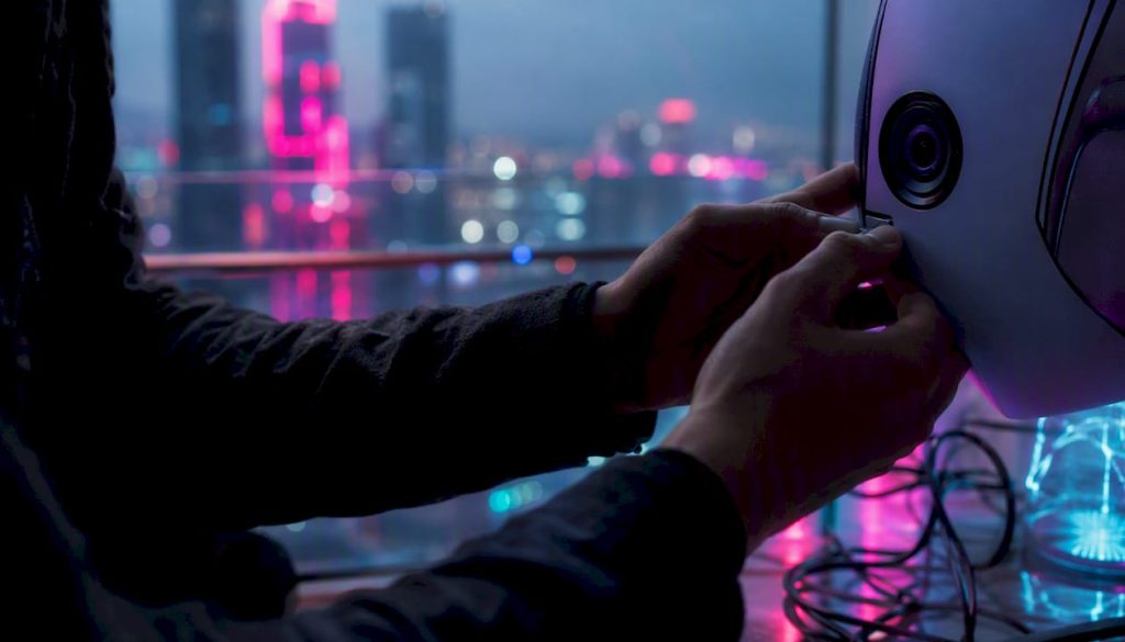Hands inspecting AI companion device close-up