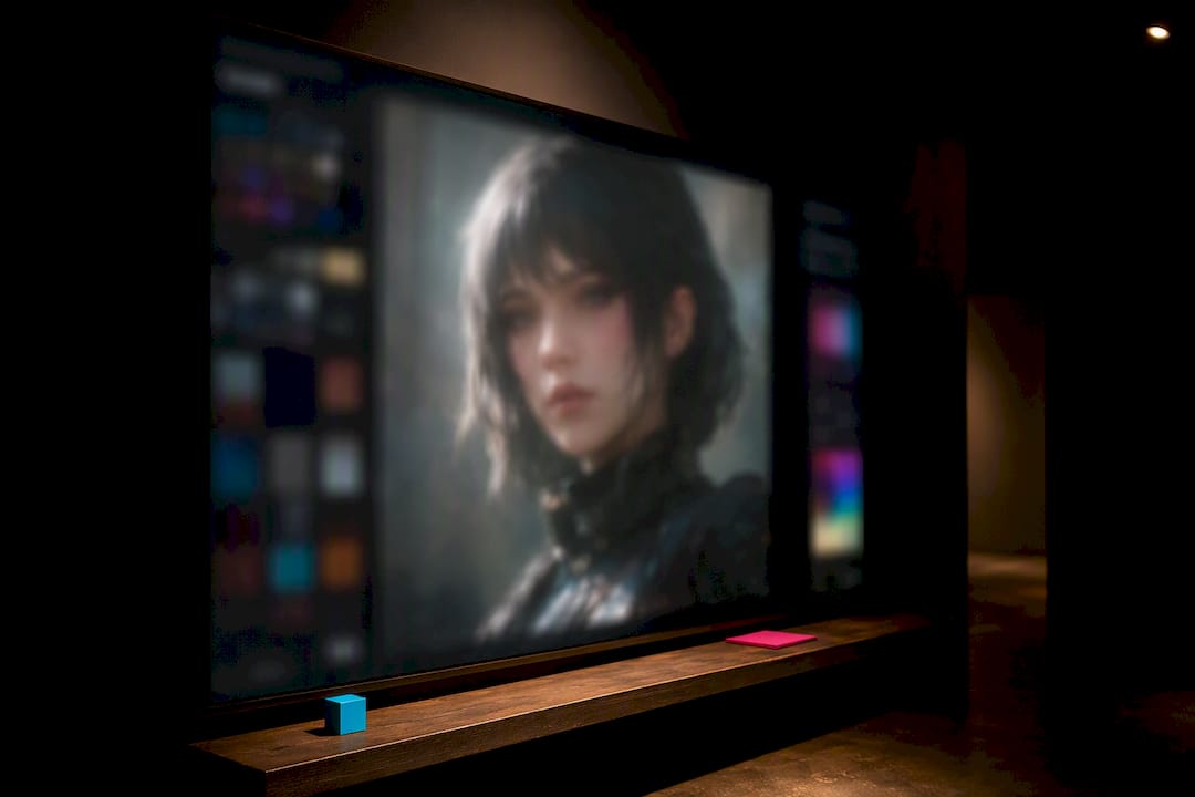 Fictional character portrait rendered on display
