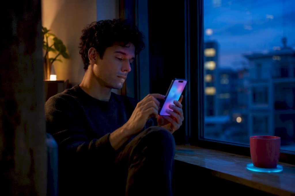 Person messaging an AI companion at dusk