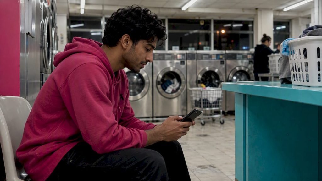 Man chatting with an AI while waiting for laundry